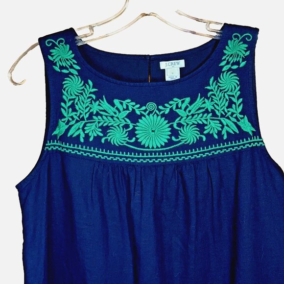 J. Crew Navy Linen Blend Dress S Boho Embroidered Coastal Chic Sleeveless Lined - Picture 3 of 7